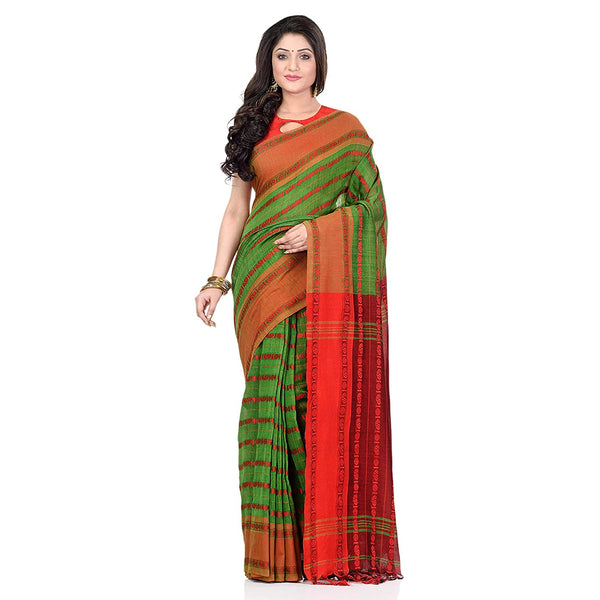 Women's Handwoven Green Dhaniakhali Pure Cotton Saree - Piyari Fashion