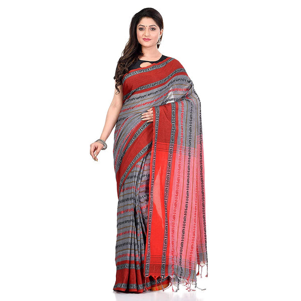 Women's Handwoven Grey Dhaniakhali Pure Cotton Saree - Piyari Fashion