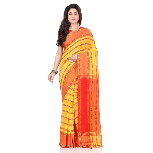 Women's Handwoven Yellow Dhaniakhali Pure Cotton Saree - Piyari Fashion