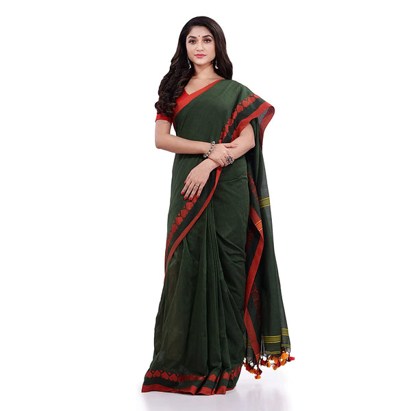 Women's Handspun Cotton Dark Green Handloom Tangail Saree - Piyari Fashion