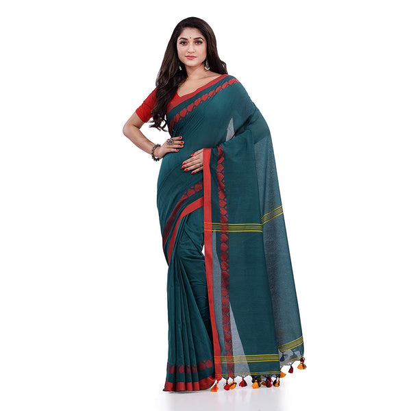 Women's Handspun Cotton Teal Handloom Tangail Saree - Piyari Fashion