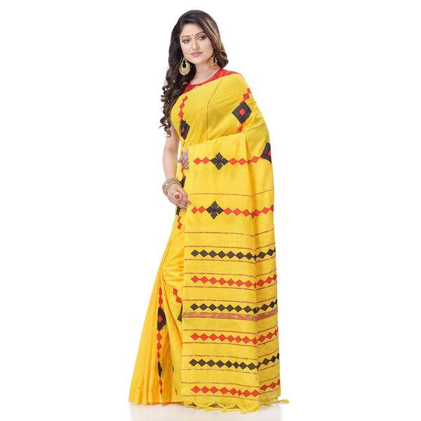 Women's Handspun Cotton Yellow Handloom Applique Saree - Piyari Fashion