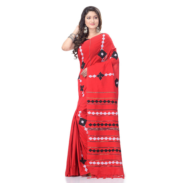 Women's Handspun Cotton Red Handloom Applique Saree - Piyari Fashion