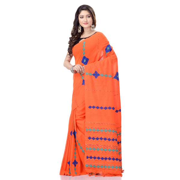 Women's Handspun Cotton Orange Handloom Applique Saree - Piyari Fashion