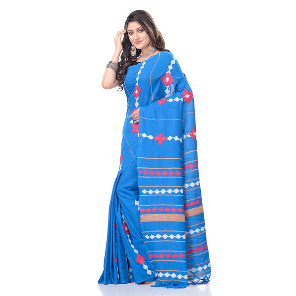 Women's Handspun Cotton Sky Blue Handloom Applique Saree - Piyari Fashion