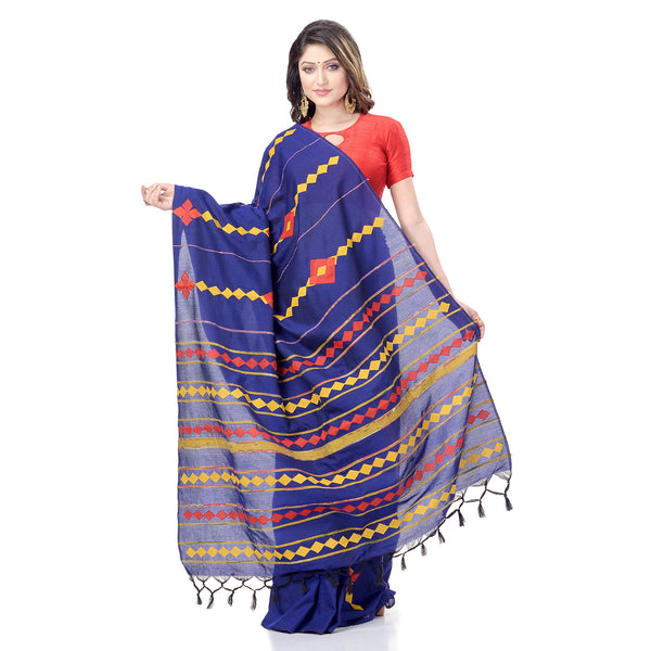 Women's Handspun Cotton Royal Blue Handloom Applique Saree - Piyari Fashion