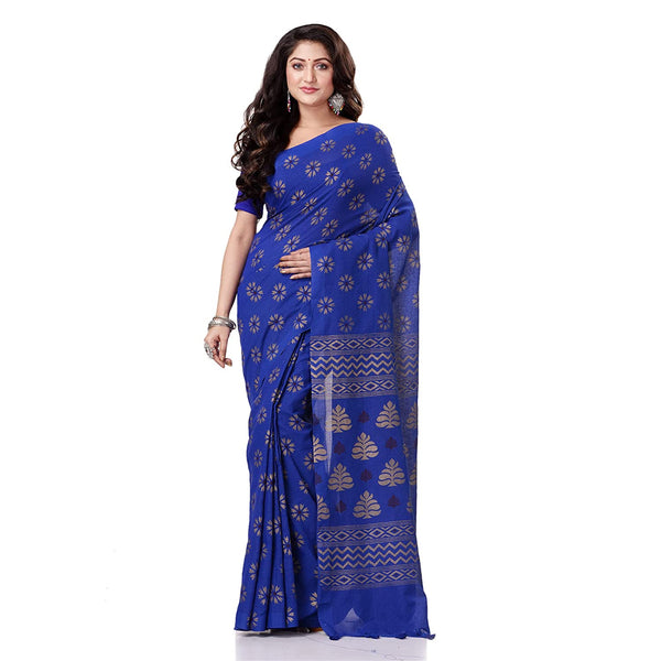 Women's Handspun Cotton Blue Handloom Print Saree - Piyari Fashion