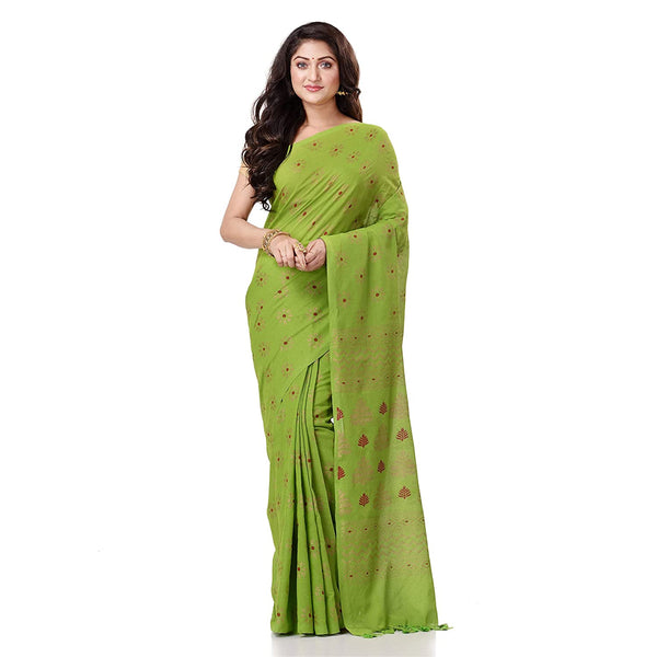 Women's Handspun Cotton Lemon Green Handloom Print Saree - Piyari Fashion