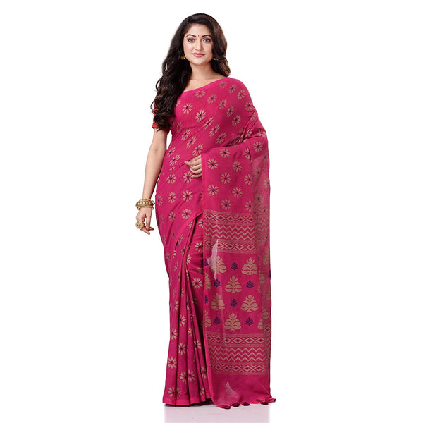 Women's Handspun Cotton Pink Handloom Print Saree - Piyari Fashion