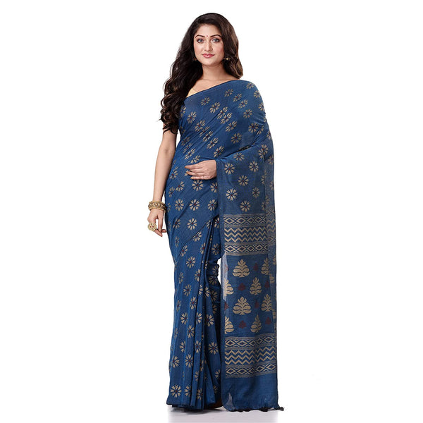 Women's Handspun Cotton Blue Handloom Print Saree - Piyari Fashion