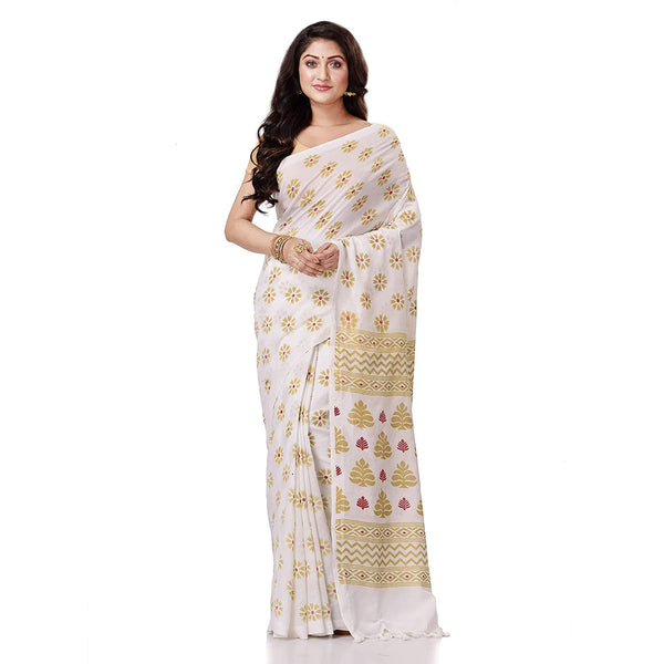 Women's Handspun Cotton White Handloom Print Saree - Piyari Fashion