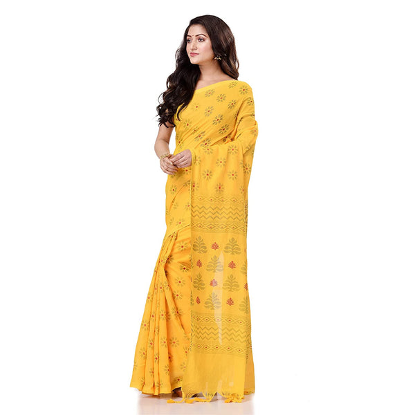 Women's Handspun Cotton Yellow Handloom Print Saree - Piyari Fashion