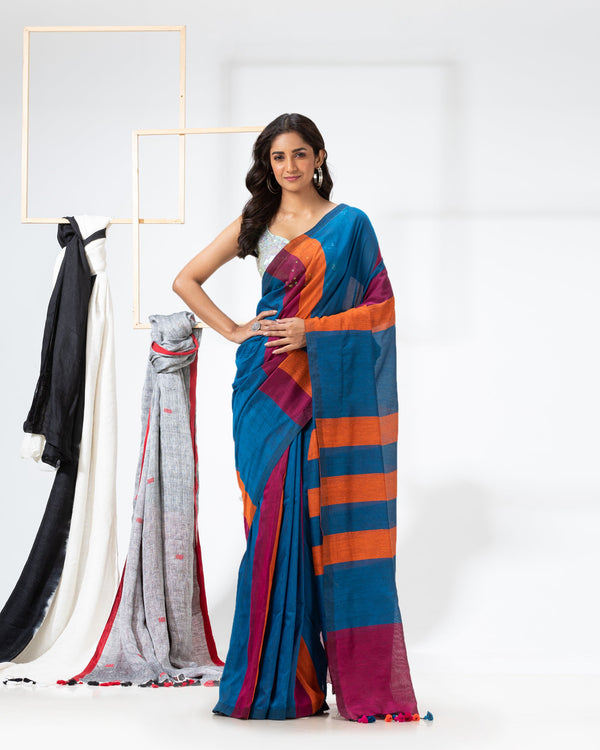 Women's Handspun Cotton Blue Handloom Saree - Piyari Fashion