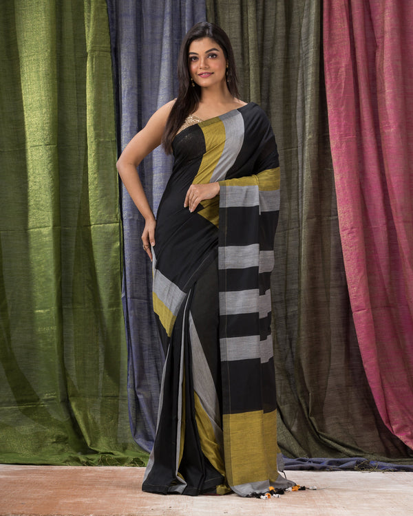 Women's Handspun Cotton Black Handloom Saree - Piyari Fashion