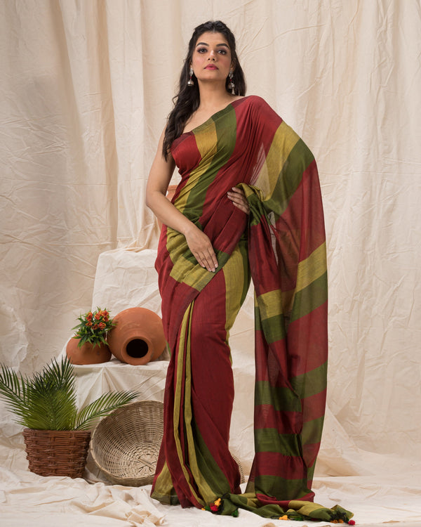 Women's Handspun Cotton Maroon Handloom Saree - Piyari Fashion