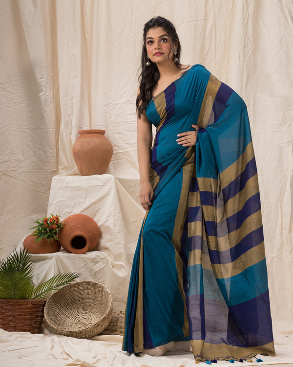 Women's Handspun Cotton Blue Handloom Saree - Piyari Fashion