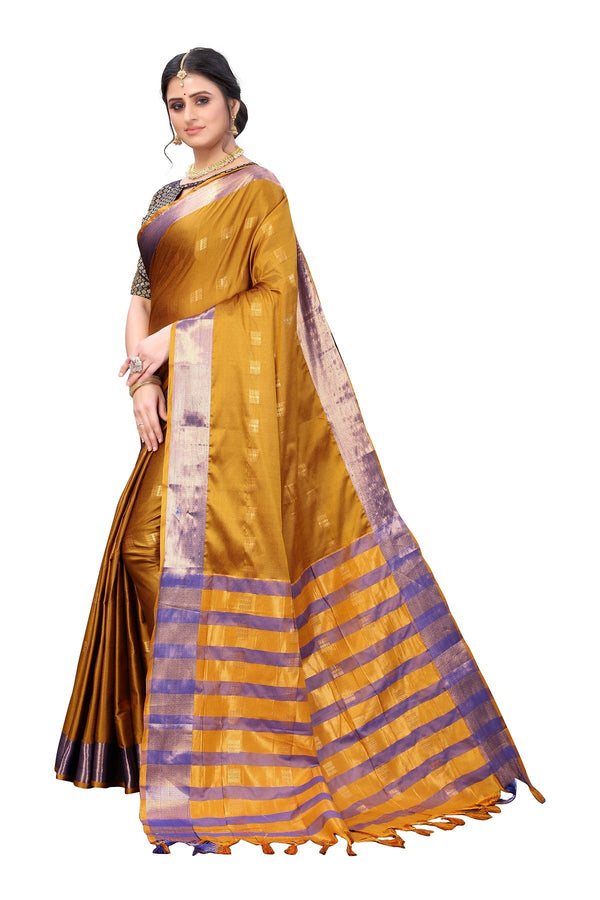 Women's Ethnic Fire Mustard Cotton Silk Weaving Saree - Vamika