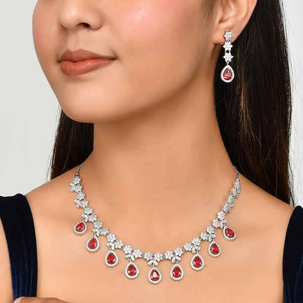 Women's Cz Elegance Red Teardrop Silver Plated Necklace Set - Voylla