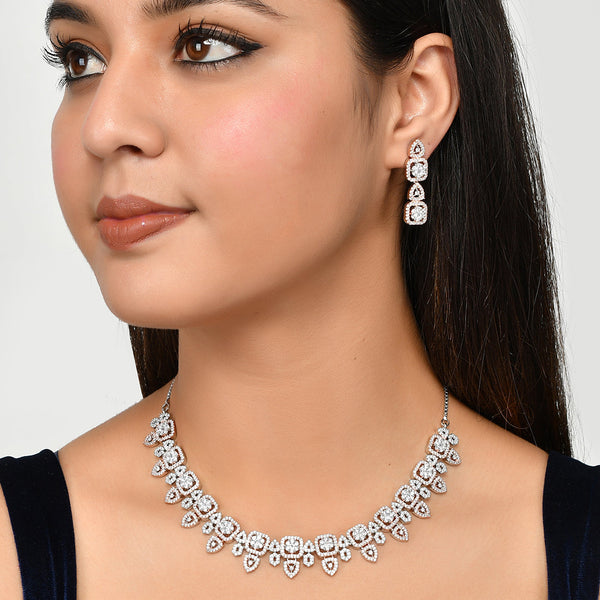 Women's Cz Elegance Dual Tone Square Necklace Set - Voylla