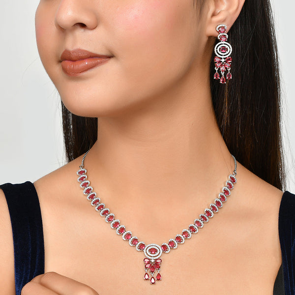 Women's Cz Elegance Silver Plated Red Stone Necklace Set - Voylla