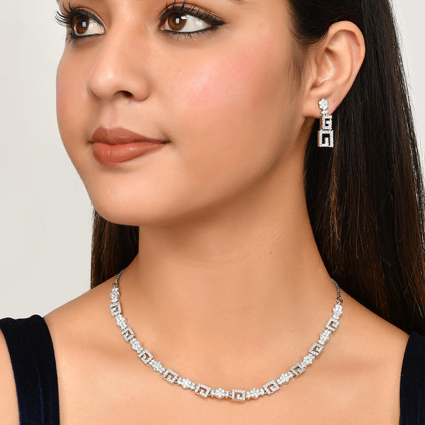 Women's Cz Elegance Silver Square Shaped Necklace Set - Voylla