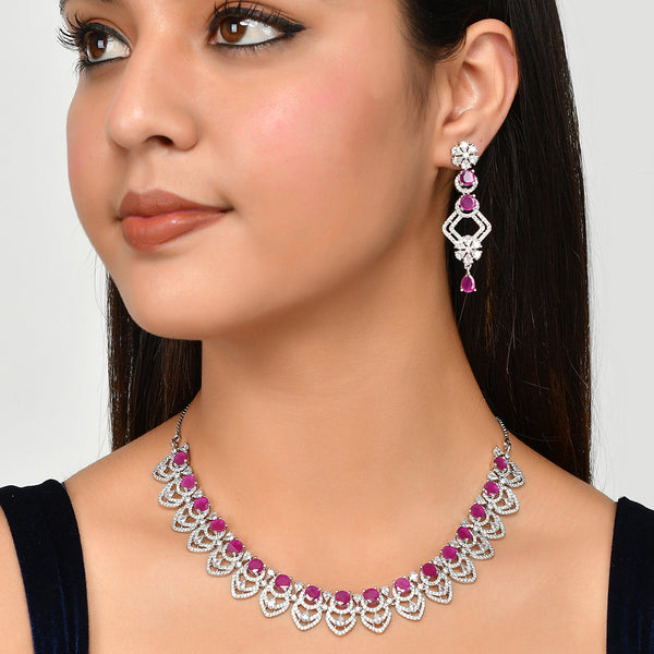 Women's Cz Elegance Purple Stone Silver Necklace Set - Voylla