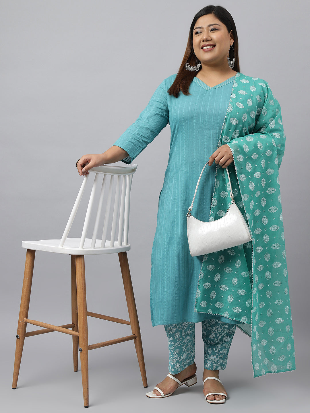 Women's Turquoise Woven Design Cotton Set - Janasya