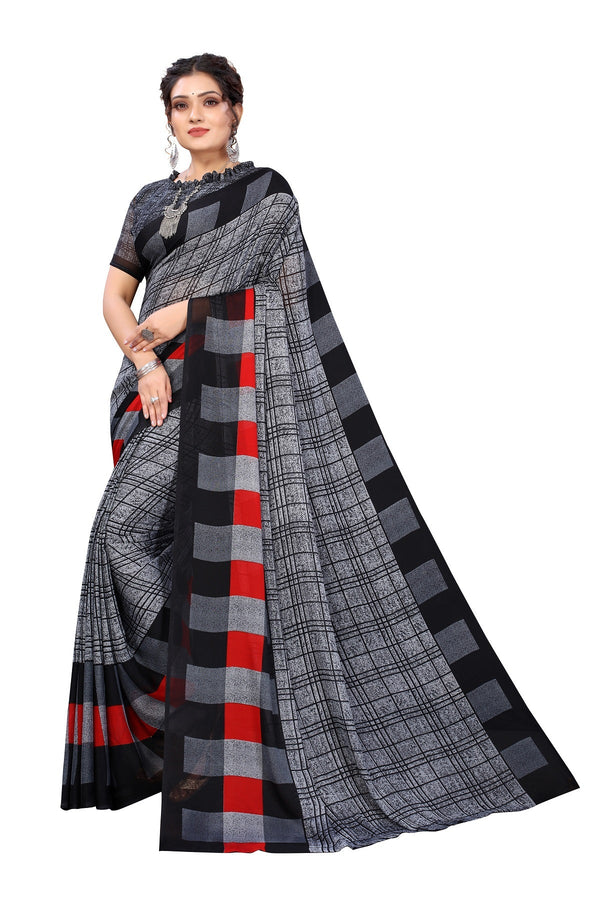 Women's Black Printed Georgette Saree - Vamika