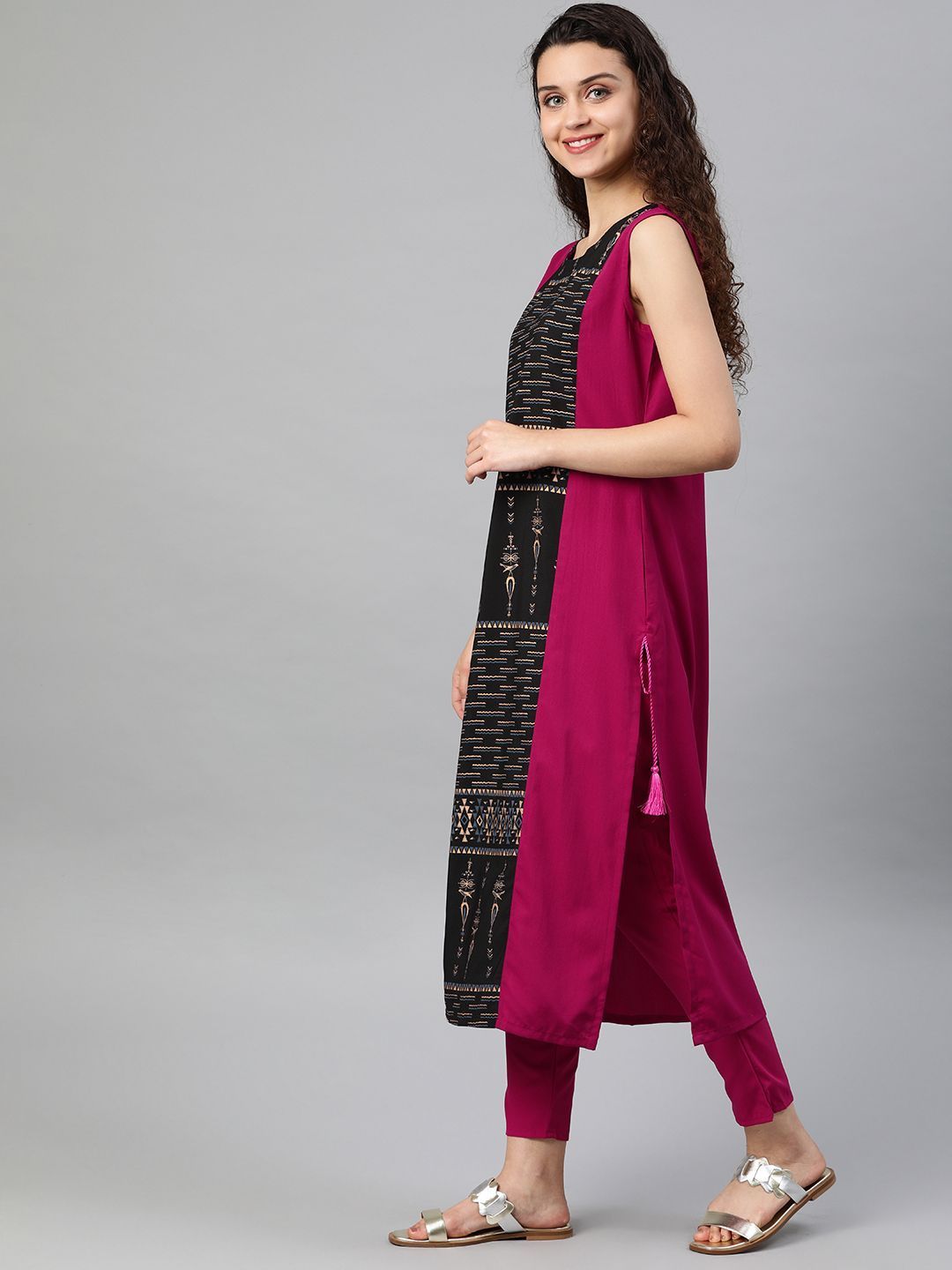 Women Pink Crepe Kurta with Pant Set by Ziyaa (2 Pc Set)