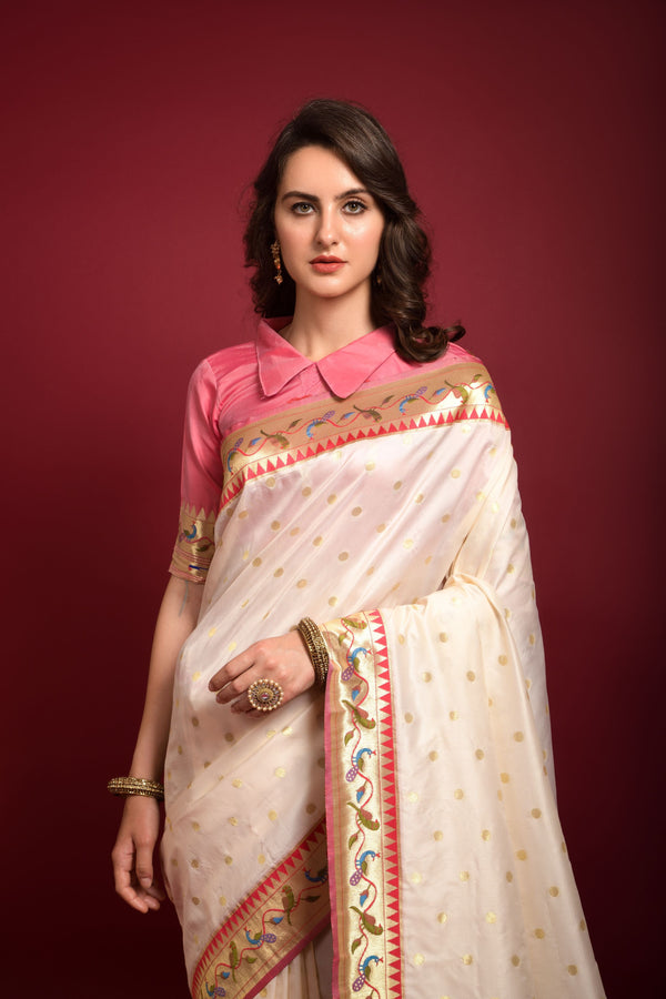 Women's White Woven Paithani Silk Saree with Tassels - Vishnu Weaves