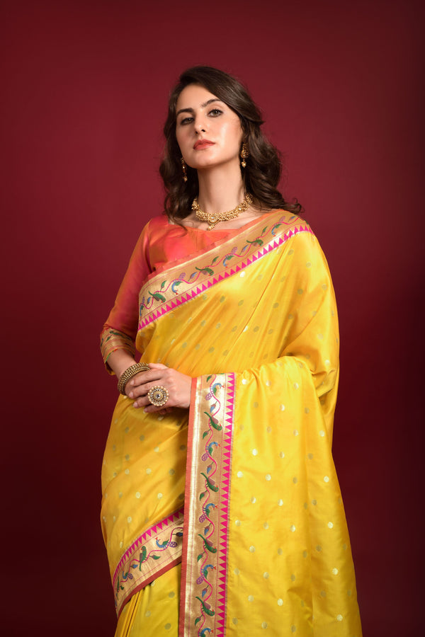 Women's Yellow Woven Paithani Silk Saree with Tassels - Vishnu Weaves