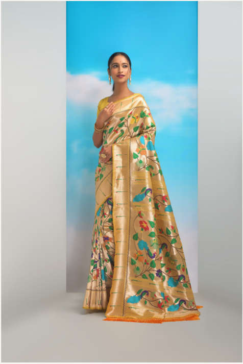 Women's Yellow Paithani Silk Zari Woven Saree With Blouse - Vishnu Weaves