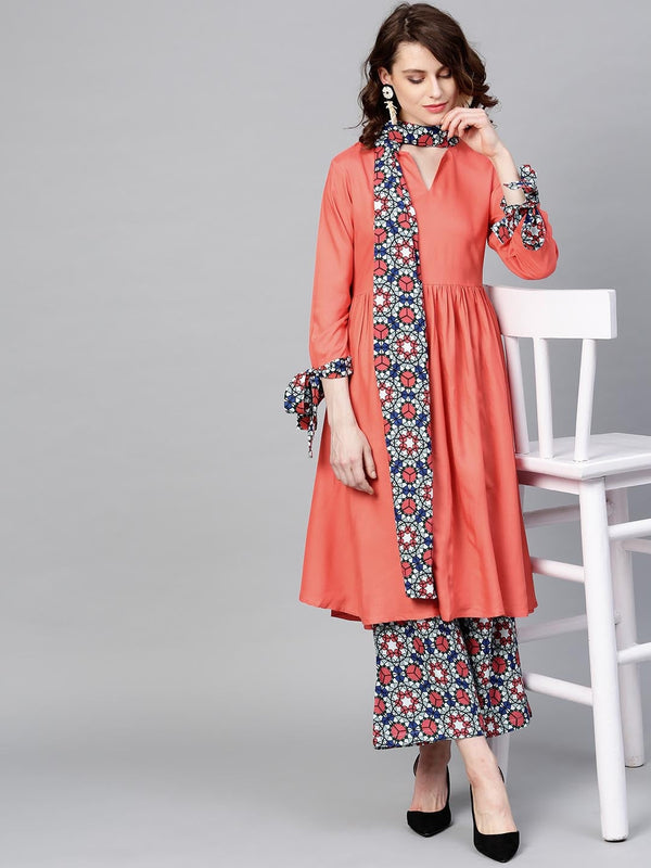 Peach & Blue Solid Kurta Set-Indiakreations-JSYUFDGSET1939XS