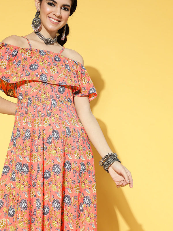 Peach-Coloured & Blue Floral Printed Dress-Indiakreations-JS9571DRSPCS