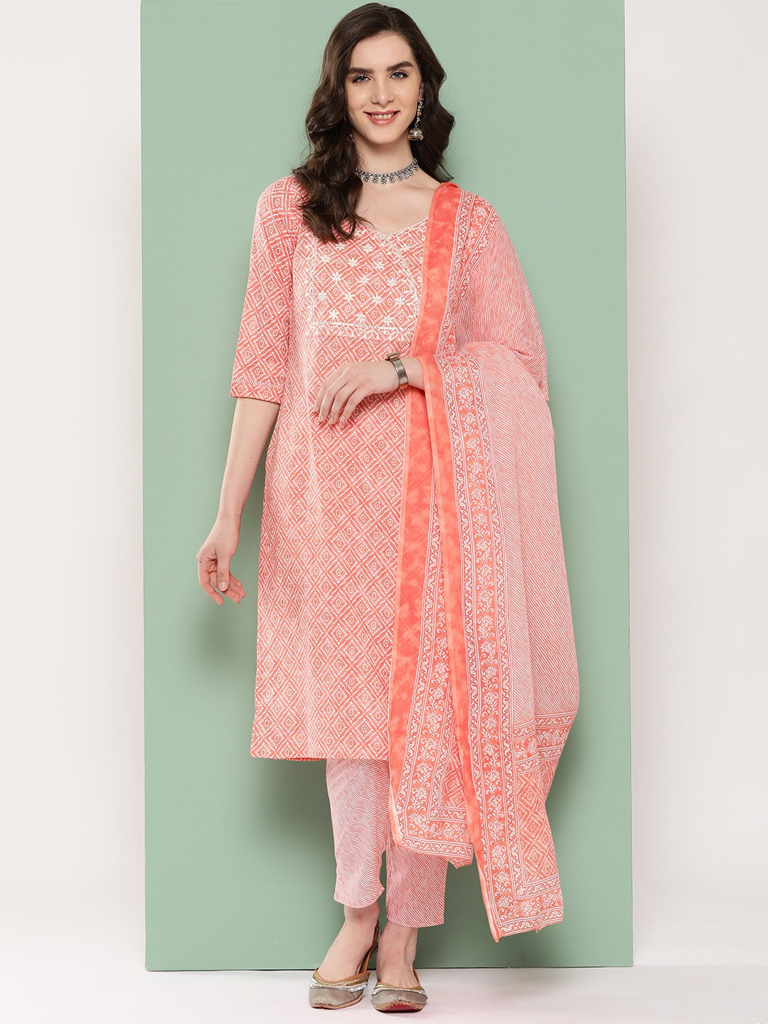 Peach Ethnic Motifs Embroidered Kurta with Trousers & Dupatta-Indiakreations-JS1302SKDPCS