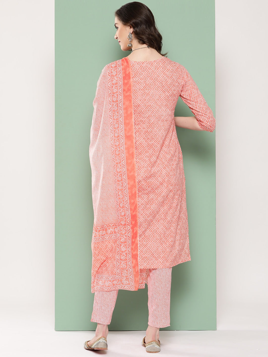 Peach Ethnic Motifs Embroidered Kurta with Trousers & Dupatta-Indiakreations-JS1302SKDPCS