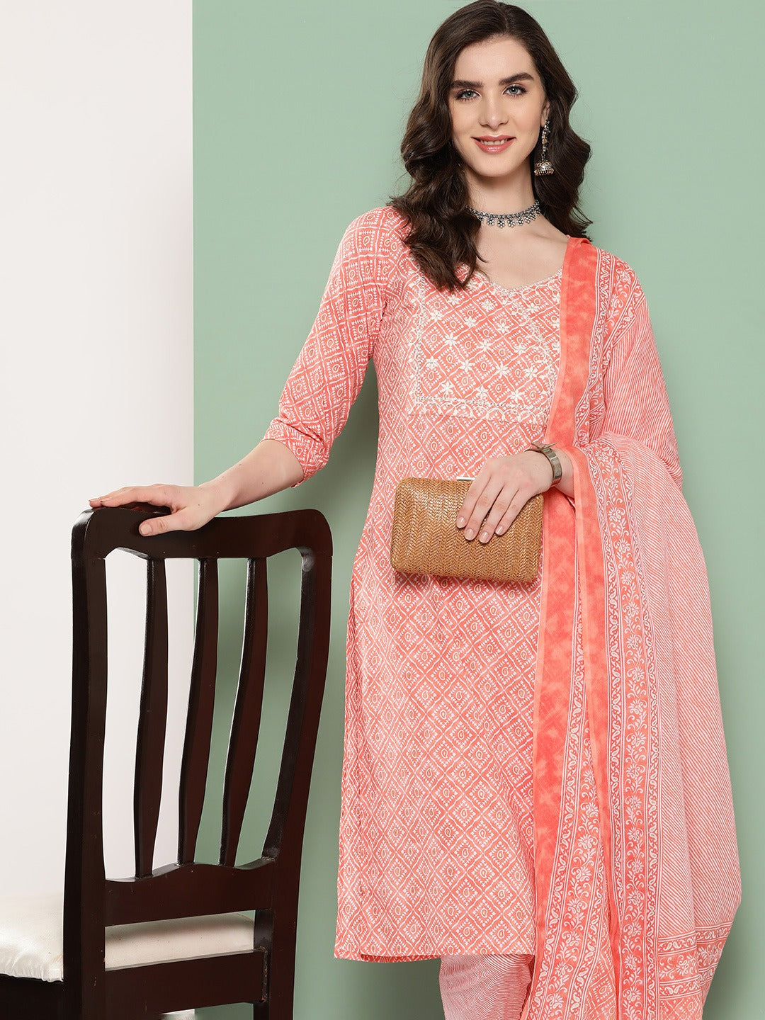 Peach Ethnic Motifs Embroidered Kurta with Trousers & Dupatta-Indiakreations-JS1302SKDPCS