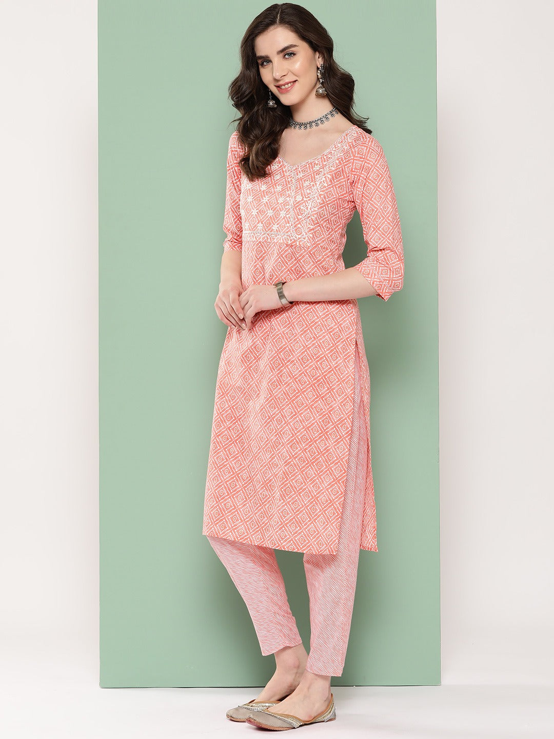 Peach Ethnic Motifs Embroidered Kurta with Trousers & Dupatta-Indiakreations-JS1302SKDPCS