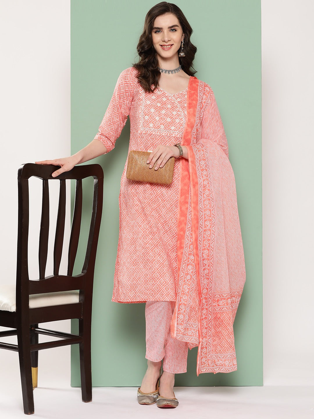 Peach Ethnic Motifs Embroidered Kurta with Trousers & Dupatta-Indiakreations-JS1302SKDPCS