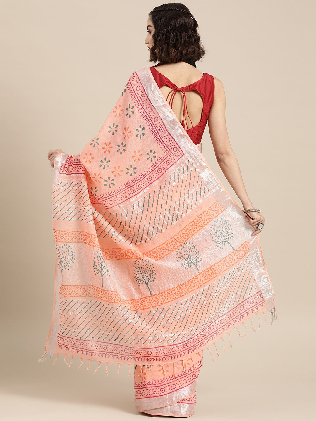 Peach Ethnic Motifs Zari Saree-Indiakreations-JS6028SARPC