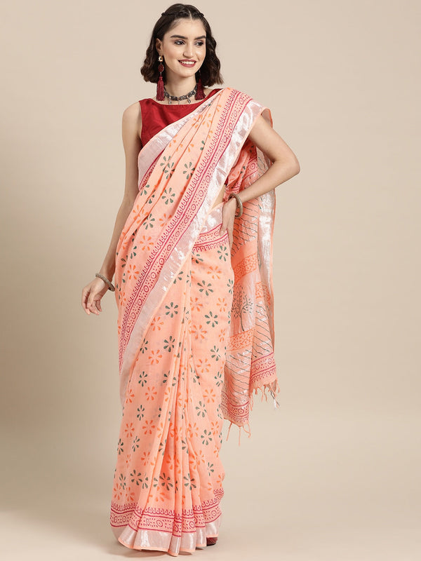 Peach Ethnic Motifs Zari Saree-Indiakreations-JS6028SARPC