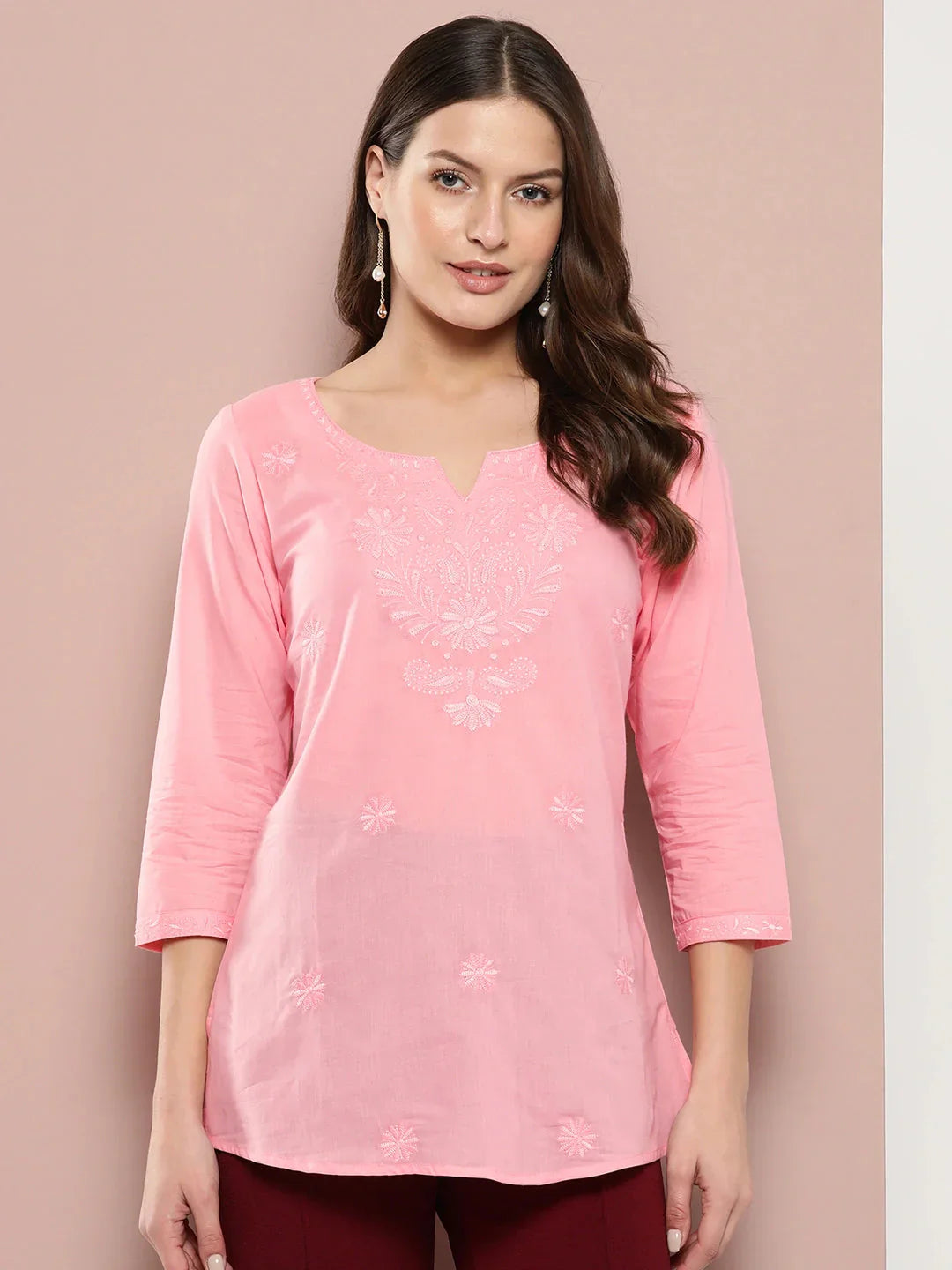 Peach Floral Chikankari Embroidered Pure Cotton Top-Indiakreations-JS1861TOPPCS