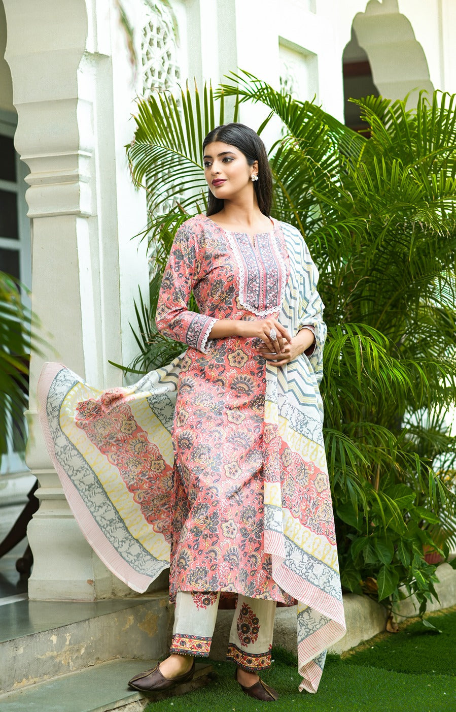 Peach Handblock Printed Dupatta Set-Indiakreations-JS3902SKDPCS