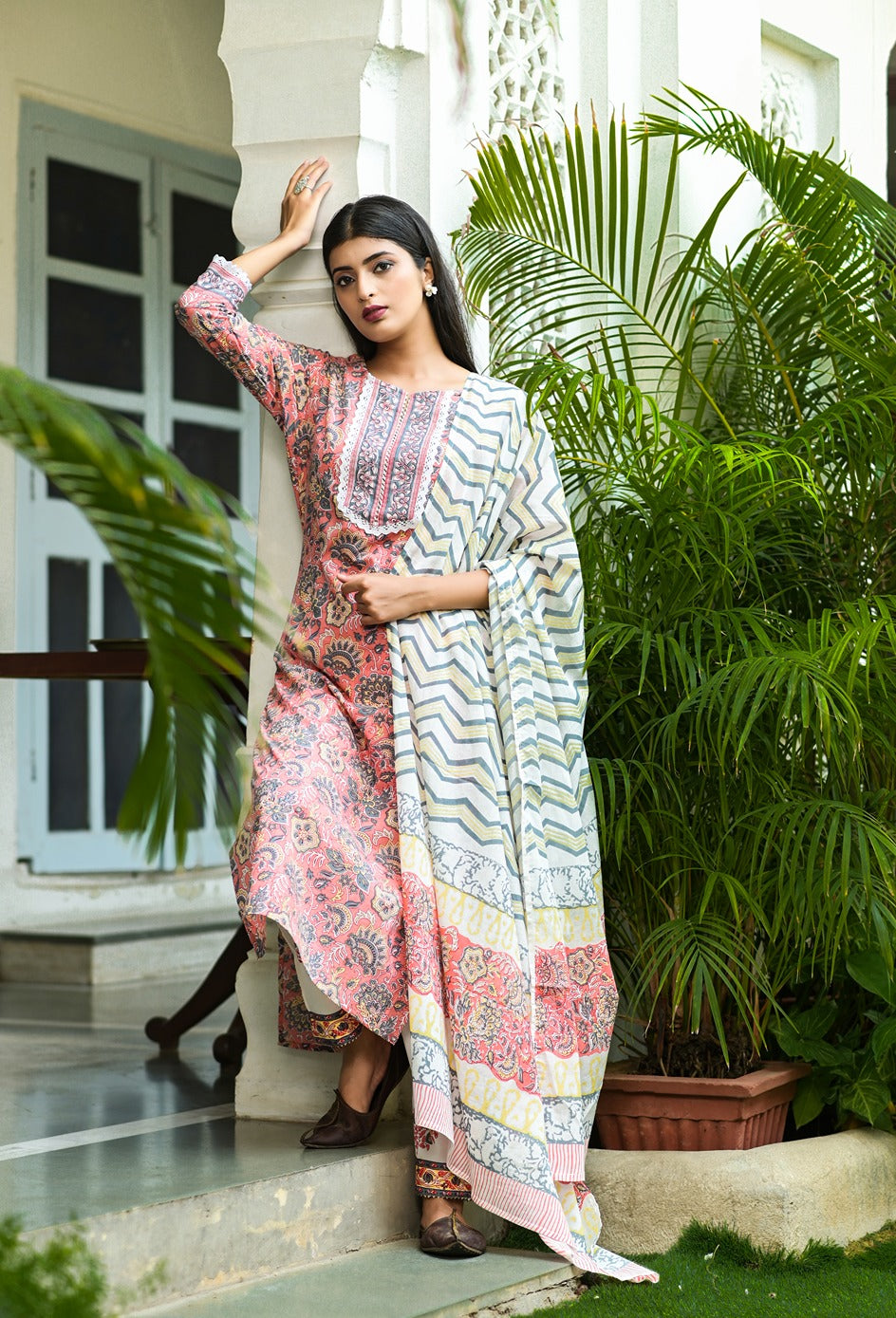 Peach Handblock Printed Dupatta Set-Indiakreations-JS3902SKDPCS