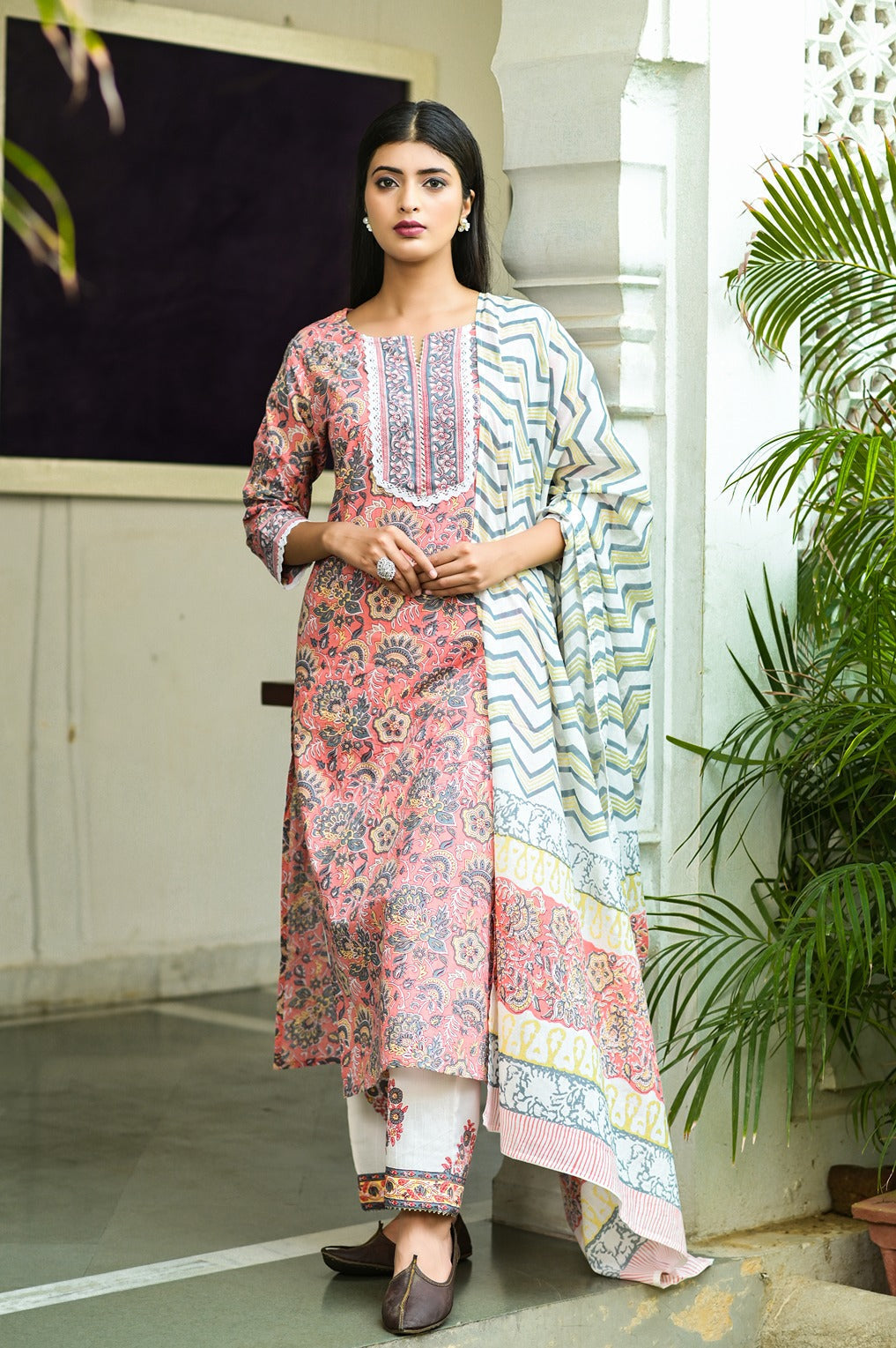 Peach Handblock Printed Dupatta Set-Indiakreations-JS3902SKDPCS