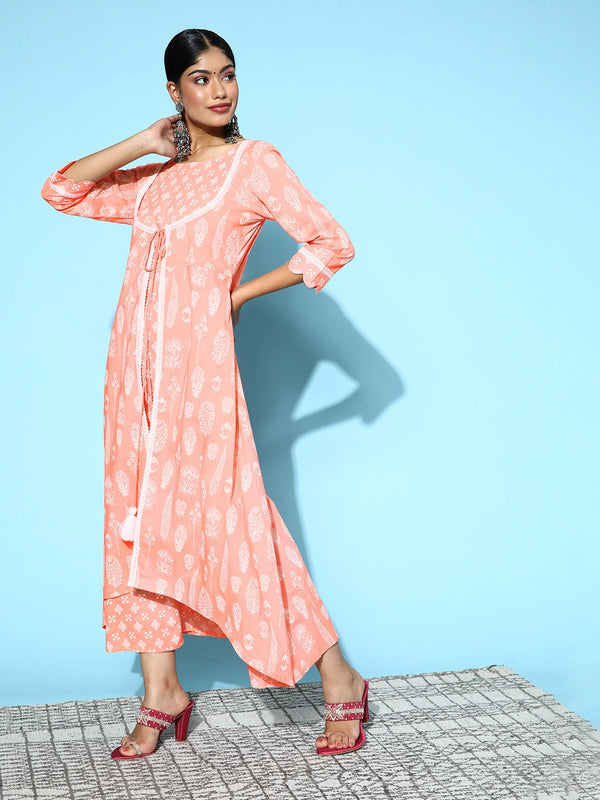 Peach & White Ethnic A-Line Midi Dress-Indiakreations-JS9585DRSPCS