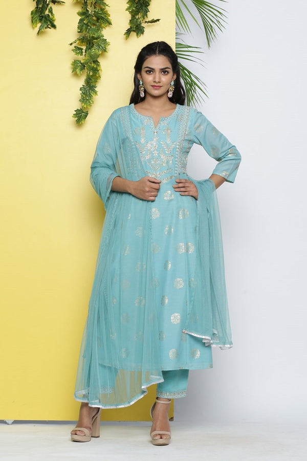 Women's Mint Poly Muslin Printed A-Line Kurta Pant Dupatta Set - Juniper