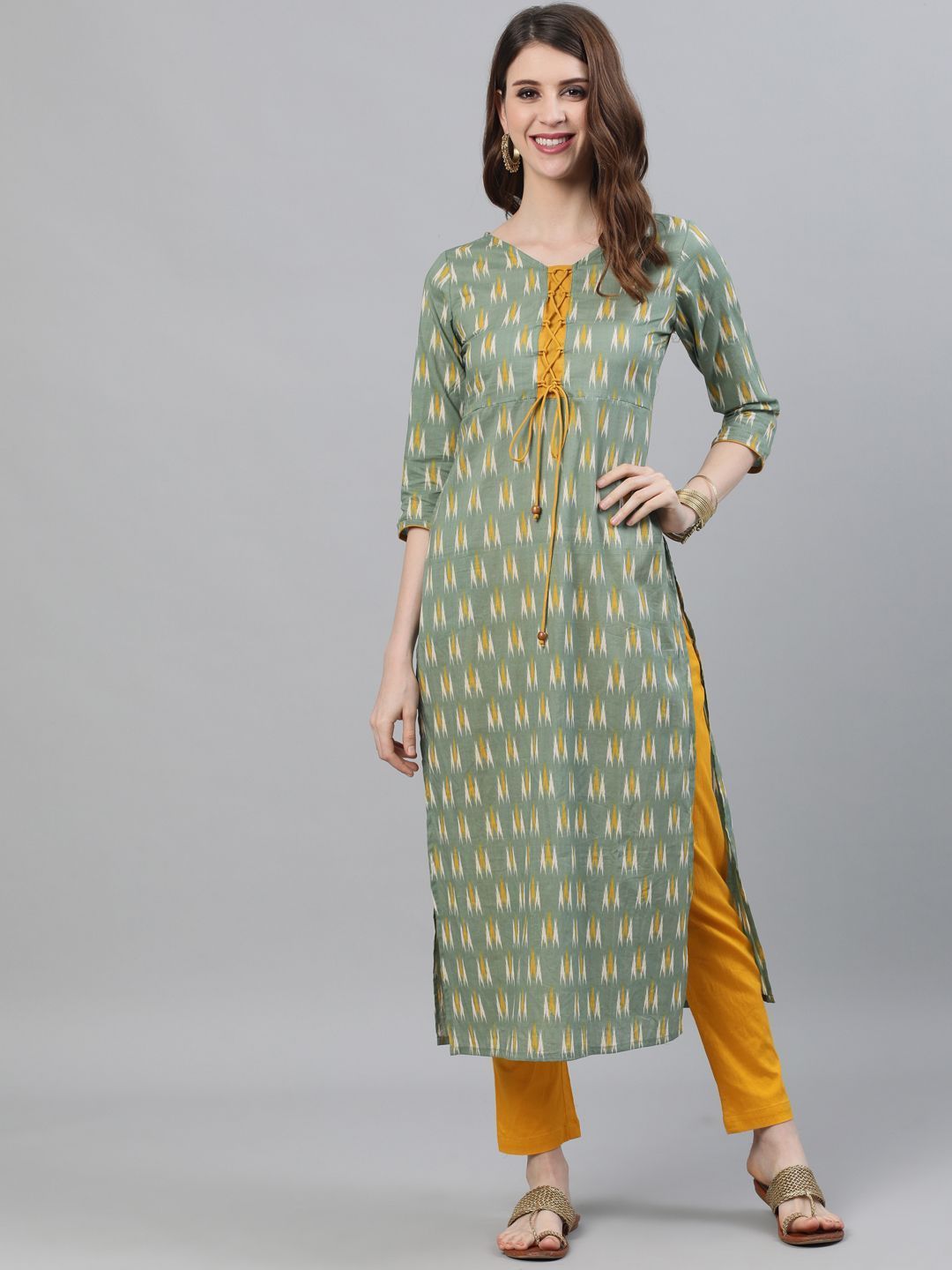 Women's Green Ikat Printed Straight Kurta - AKS