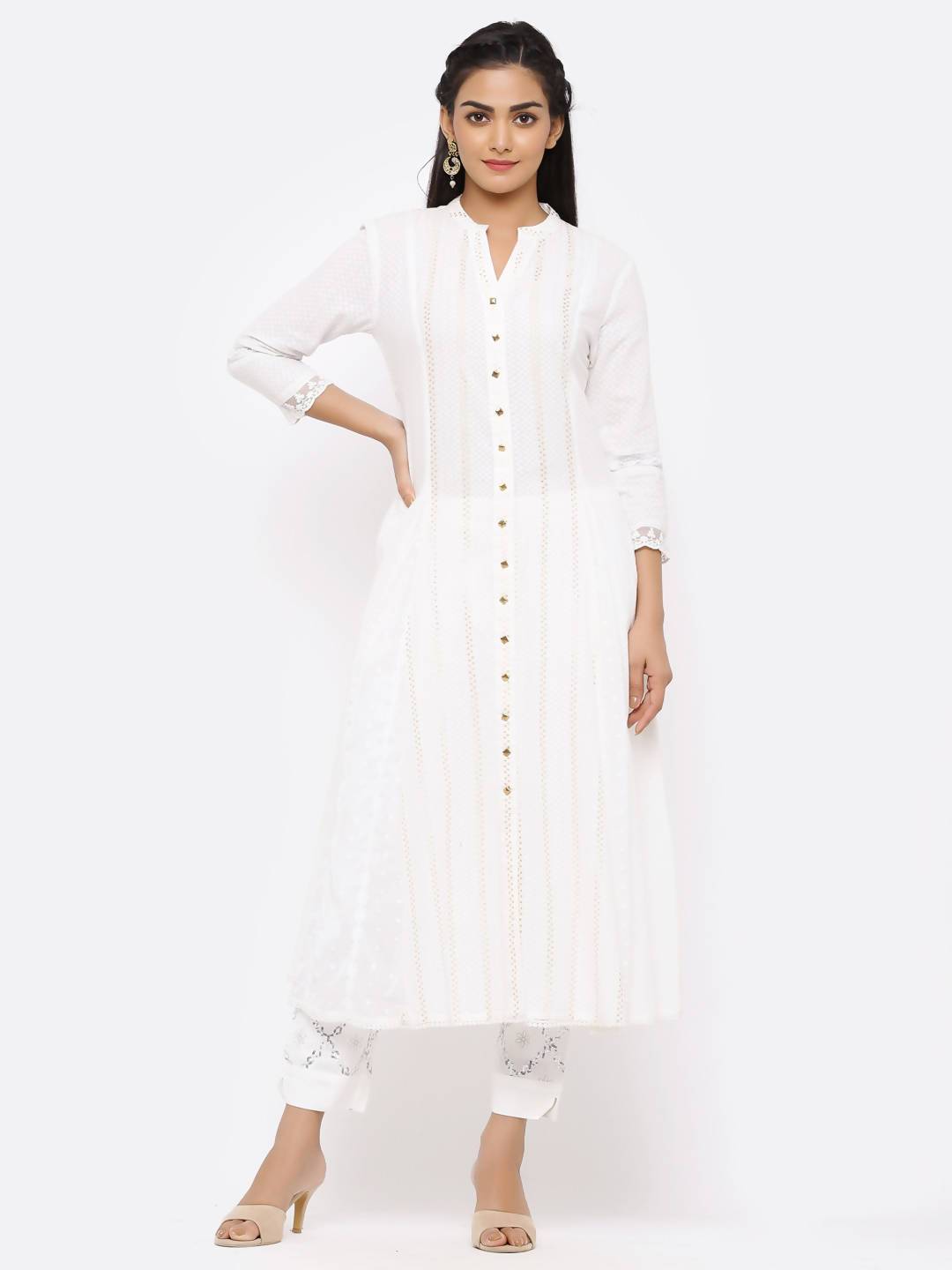 Buy_Women's_White_Cotton_Woven_Design_Flared_Kurta_Online_Indiakreations