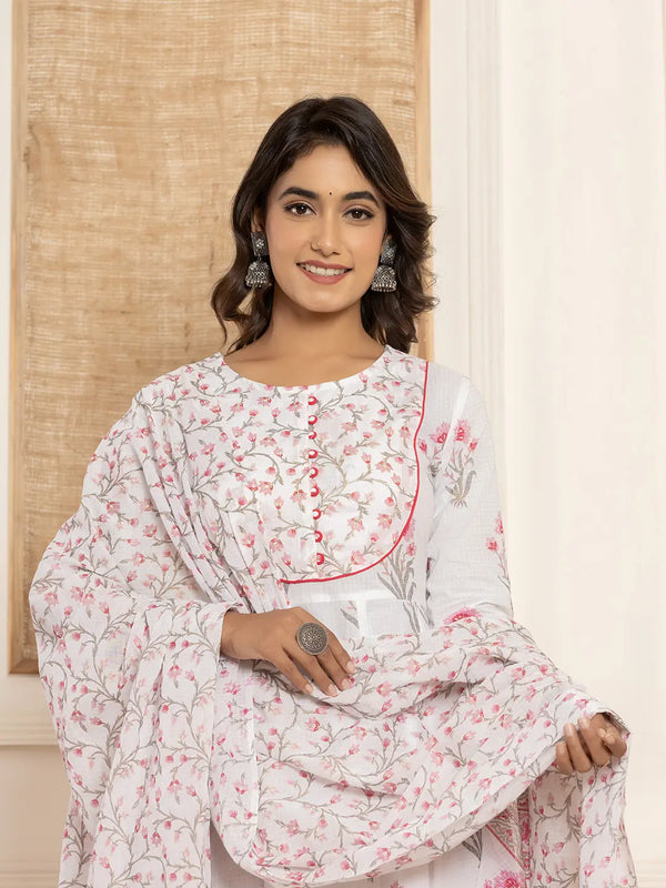 Pink And White Floral Print Piping Anarkali Style Kurta And Trousers With Dupatta Set-Indiakreations-JS7015SKDPKS